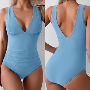 One Piece Swimsuit Slimming Tummy Control Bathing Suit Wide Straps Plunge V Neck